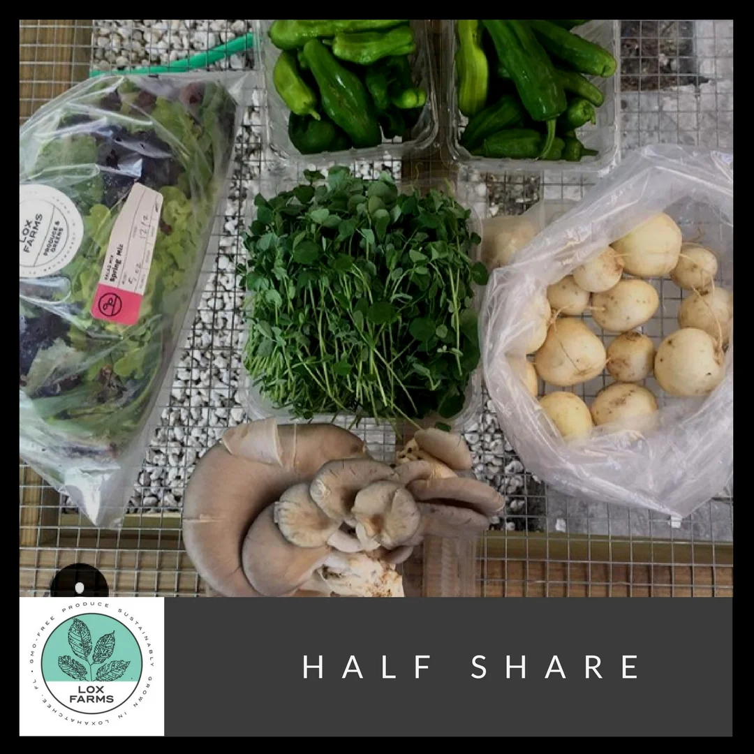 The Half share will be just $27 a week including a delivery fee. The share typically contains 5-6 items of vegetables and greens. It is great for 1 to 2 people but really depends on how much produce and meals you eat and cook weekly. · The Half Share - $27 each week. * The picture above is an example of the amount of items can be in a half share. The produce will vary throughout the season.