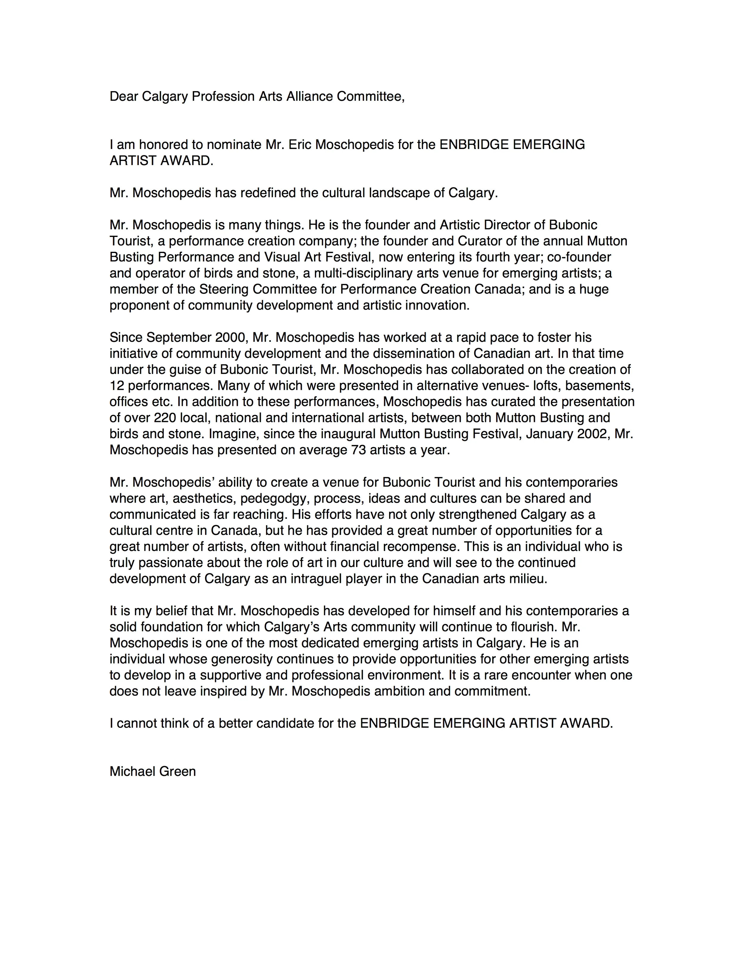 Draft of Enbridge Emerging Artist Award Letter (2004)