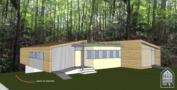 A preliminary rendering of the front entrance, playing with textures and materials for siding and roofing.