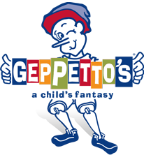 Image of the Geppetto's logo! The logo features a toy Pinocchio holding a sign that says "Geppetto's" with the tagline "a child's fantasy".