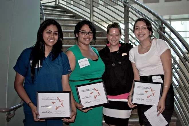 An image of Brittany with former staff member Chrissy Califf and other scholarship recipients at the 2010 Words Alive Westreich Scholarship Ceremony - her first year in the program!