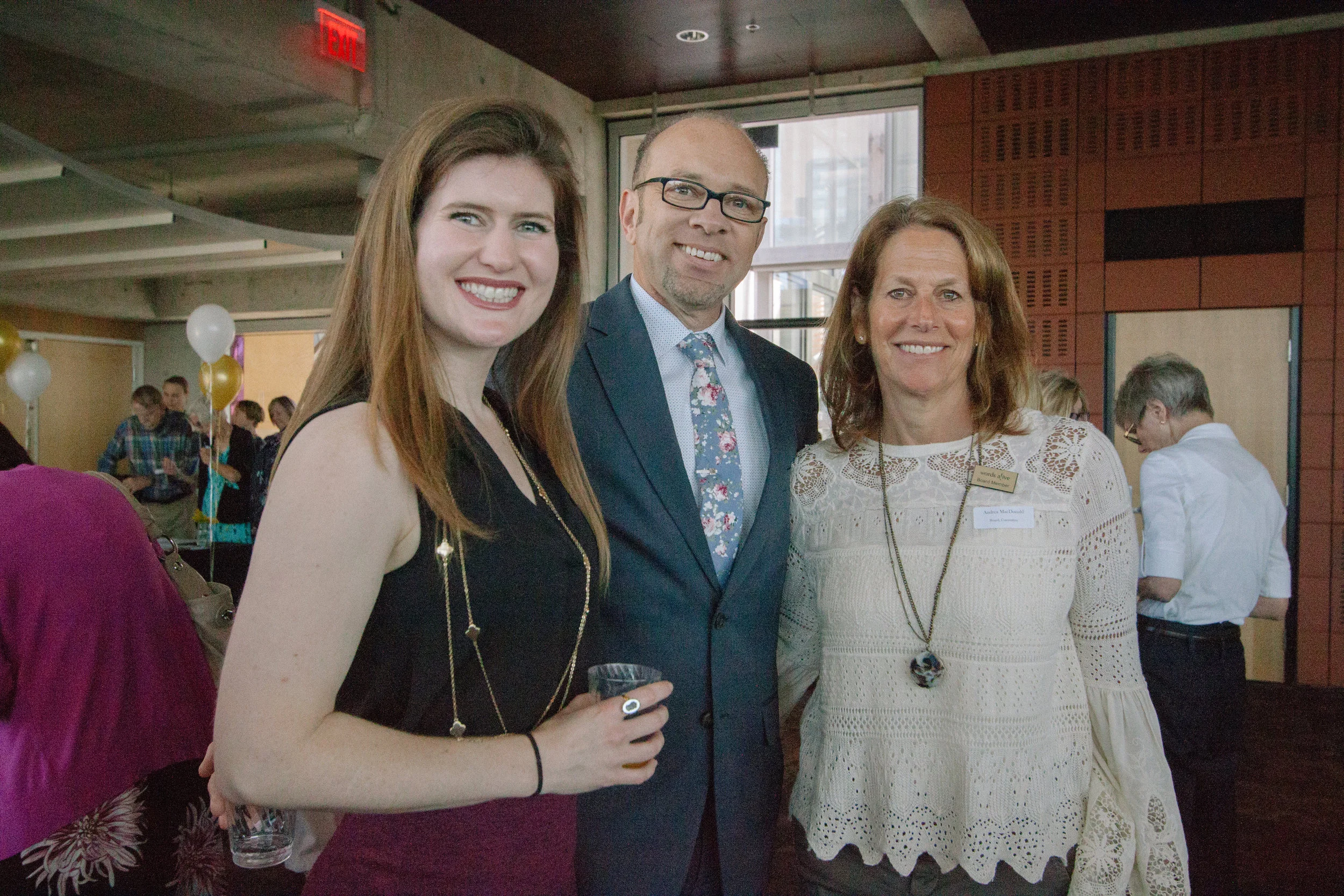 An image of Andrea with Christina Meeker, Words Alive Volunteer Program Manager, and Patrick Stewart, Words Alive Executive Director, at the 2018 Volunteer Appreciation Event.