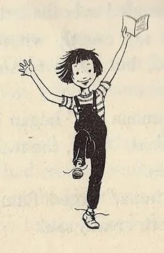 A sketch of Ramona Quibly holding up a book excitedly.