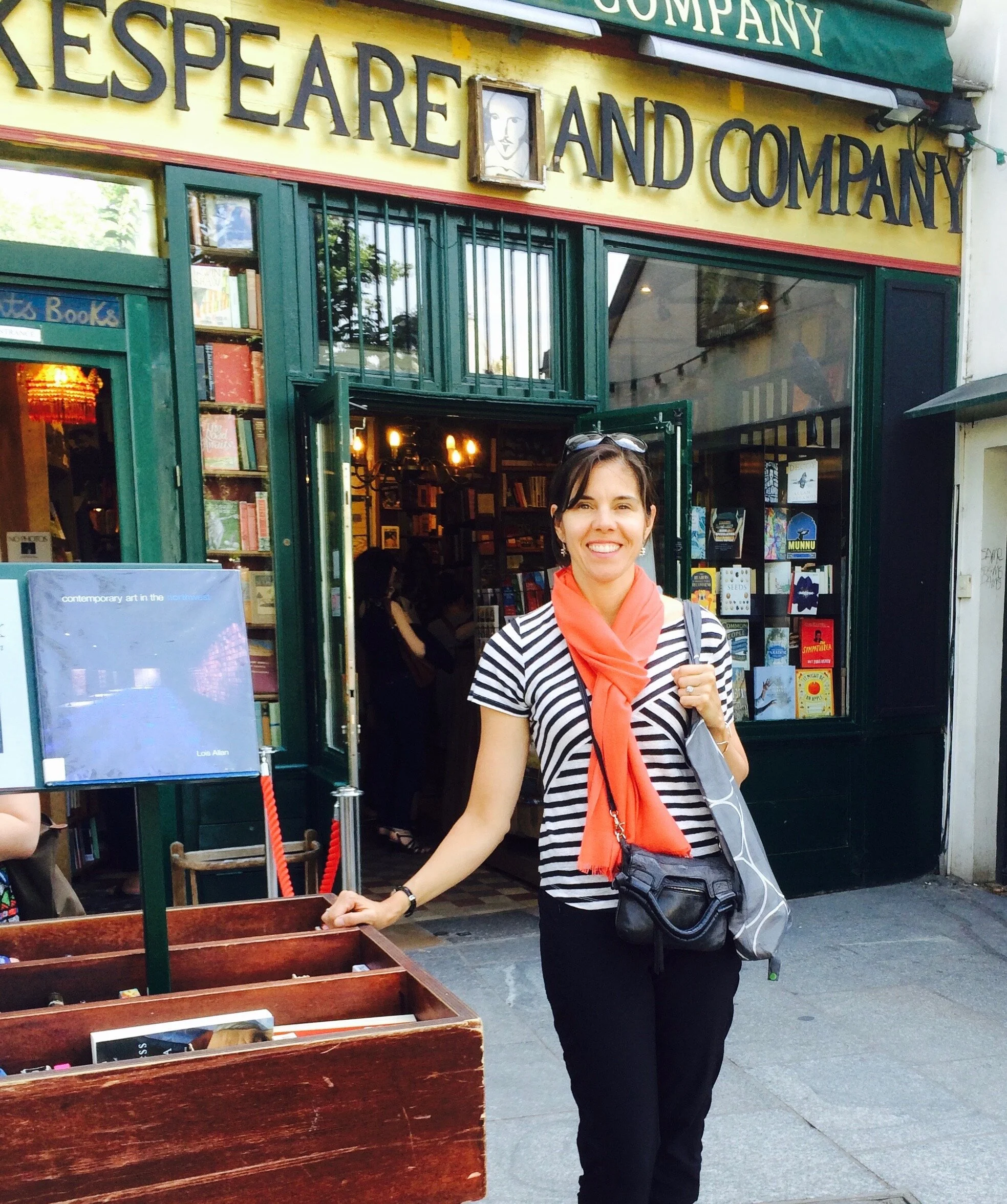 An image of Mary standing in front of the Shakespeare Company bookstore!