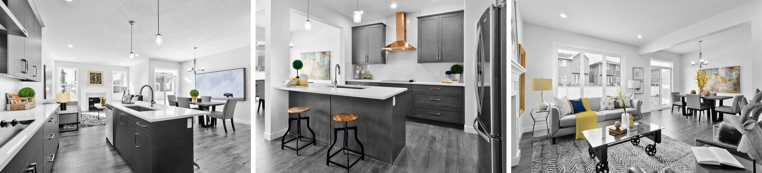 I highlighted stainless steel appliances, open-concept design and oversized kitchen islands.