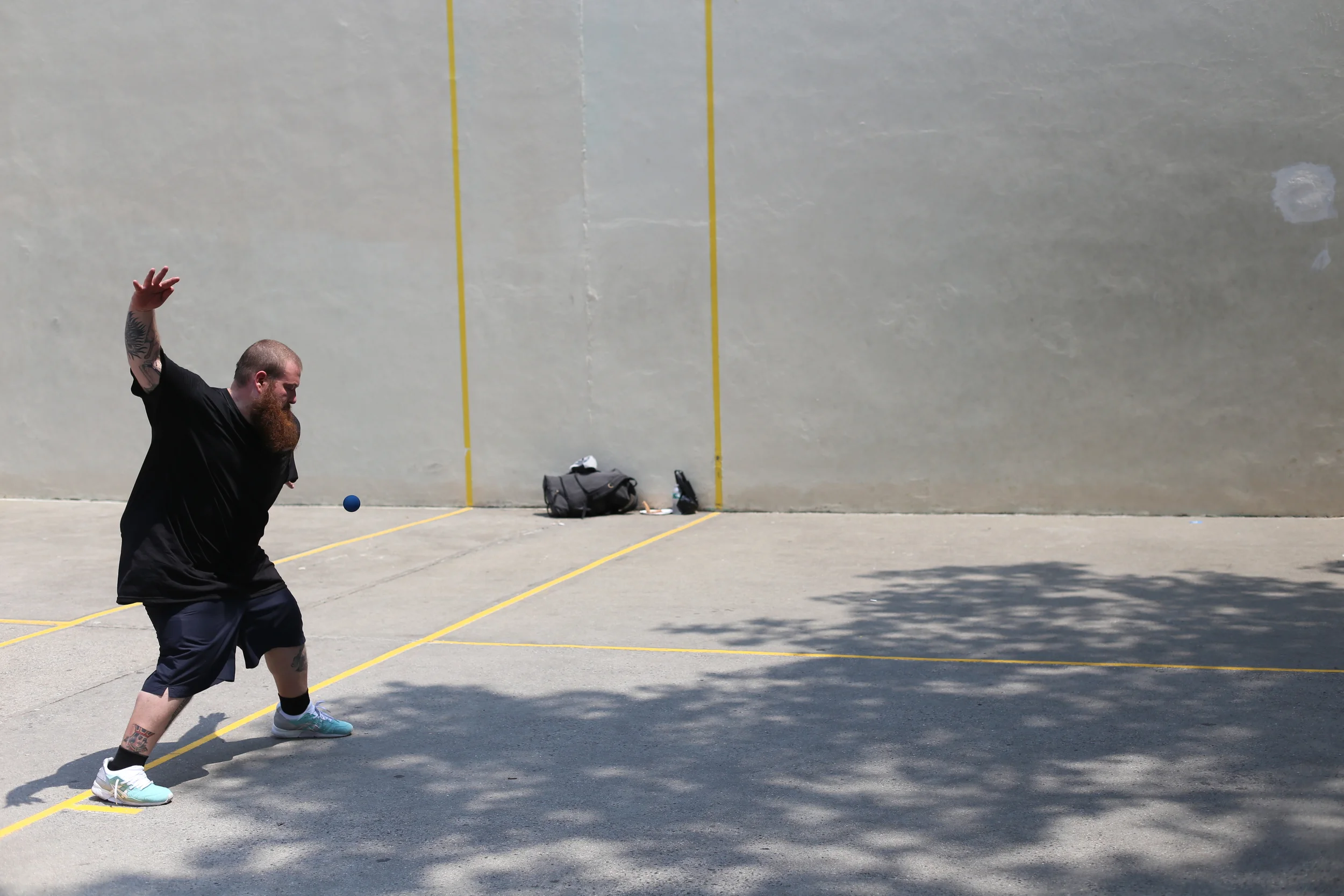 Action Bronson playing handball after handing out pizza in Manhattan, NYC 2015