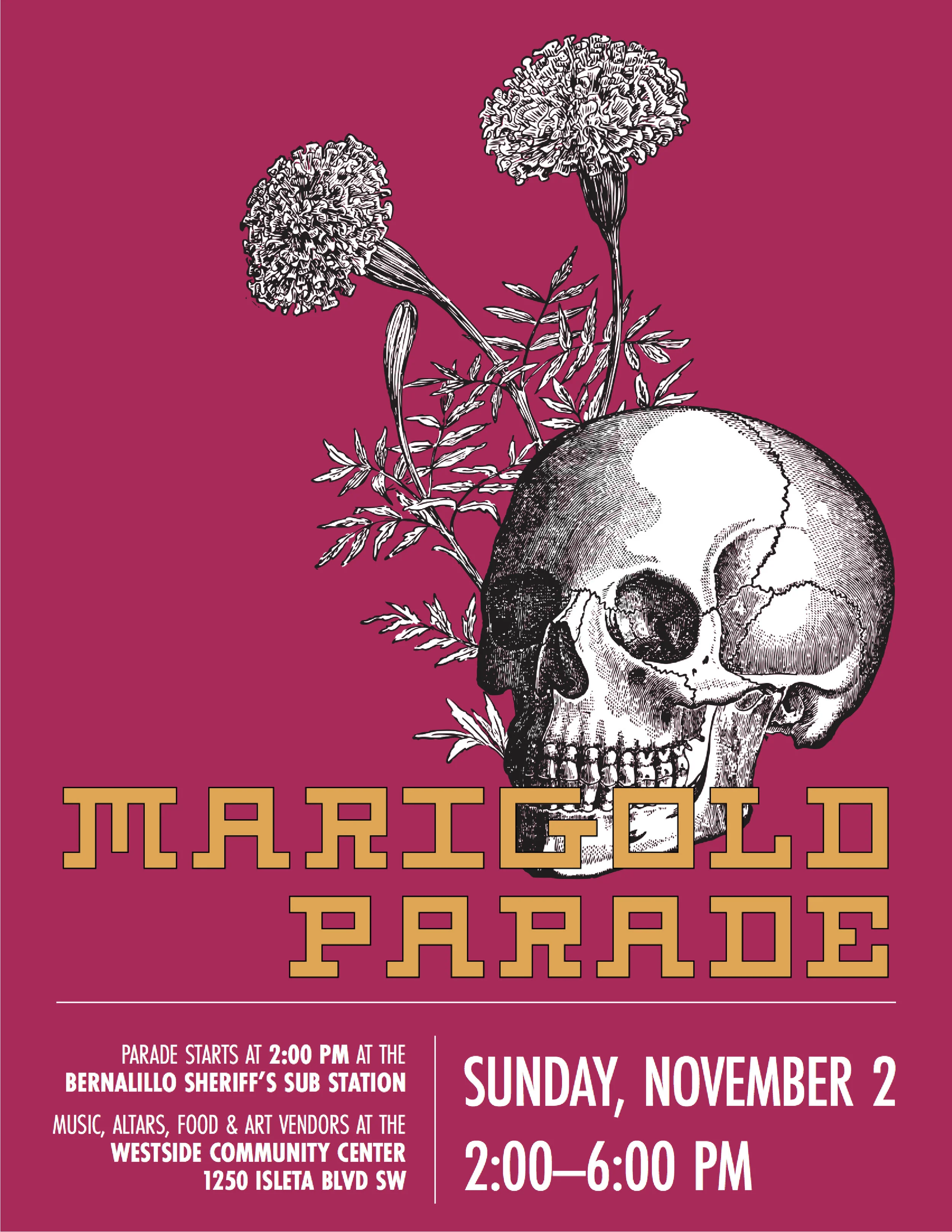 Poster for the 2014 Albuquerque Marigold Parade, for Día de Muertos.