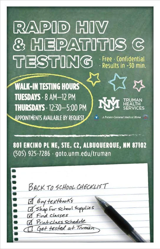 Advertisement for UNM THS’ walk-in rapid HIV &amp; HCV testing hours, 2018.