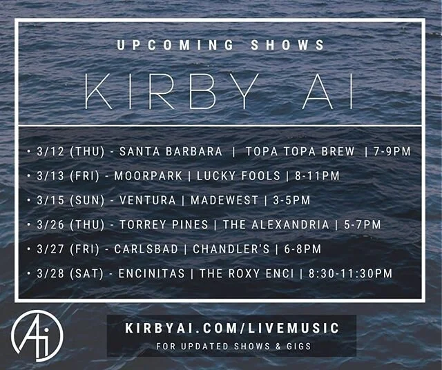 Here&rsquo;s some upcoming shows! They&rsquo;re also listed on my website (kirbyai.com) as well as my Spotify profile so you can check them out there as well! 
And while you&rsquo;re at it, stream a bunch of the tunes and add them to your playlists. 