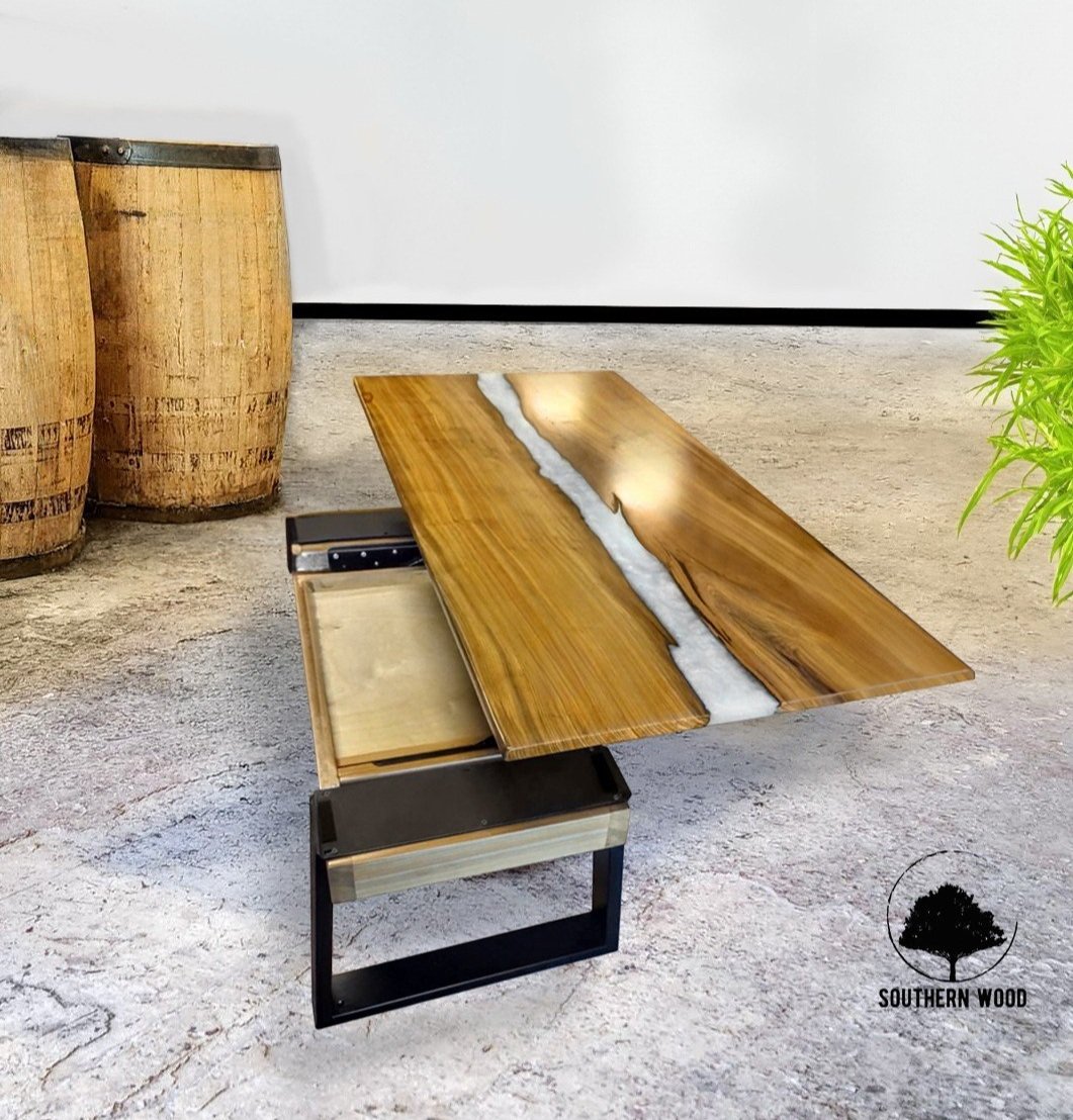 custom live edge sinker cypress & epoxy resin river coffee table