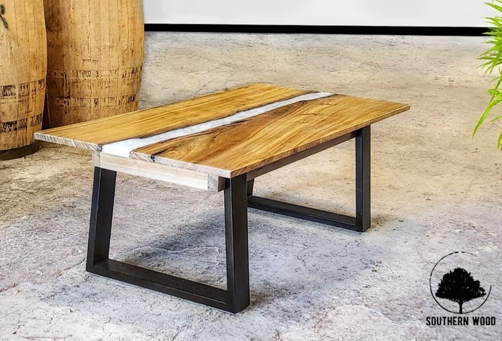 custom solid wood Louisiana sinker cypress & epoxy resin lift-top coffee table with storage for living room, river table