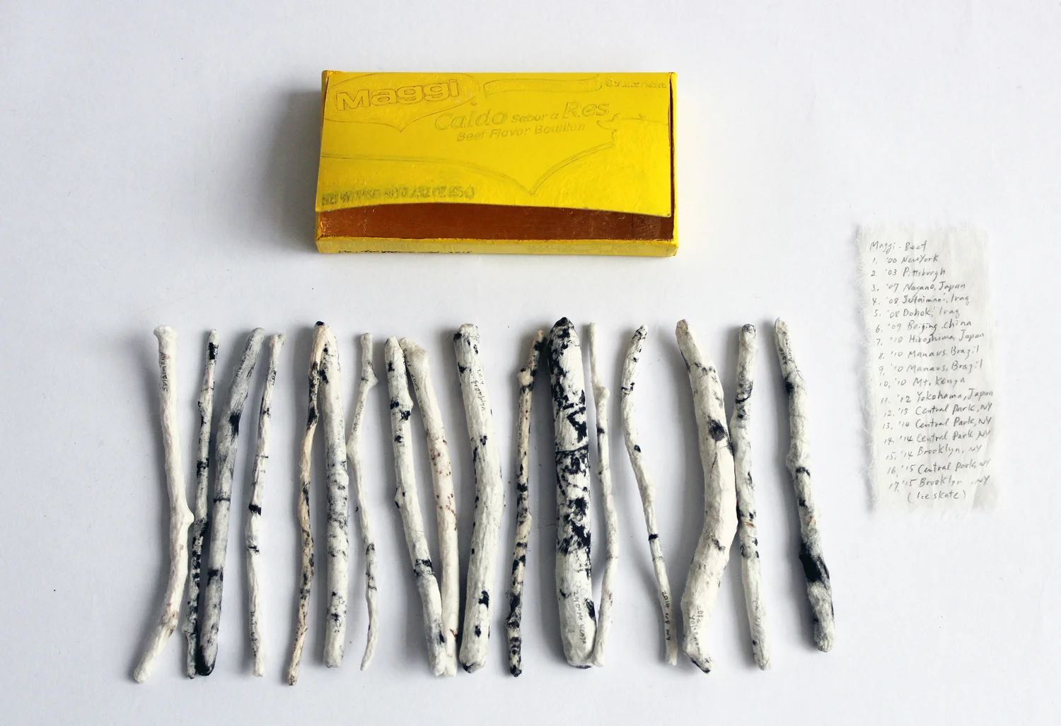 Box_Meggi Beef Flavor Bouillon 2015 Used box, 17 tree branches,washi, charcoal, acrylic, glodleaf 3.8" x 2" x 0.6" (box)