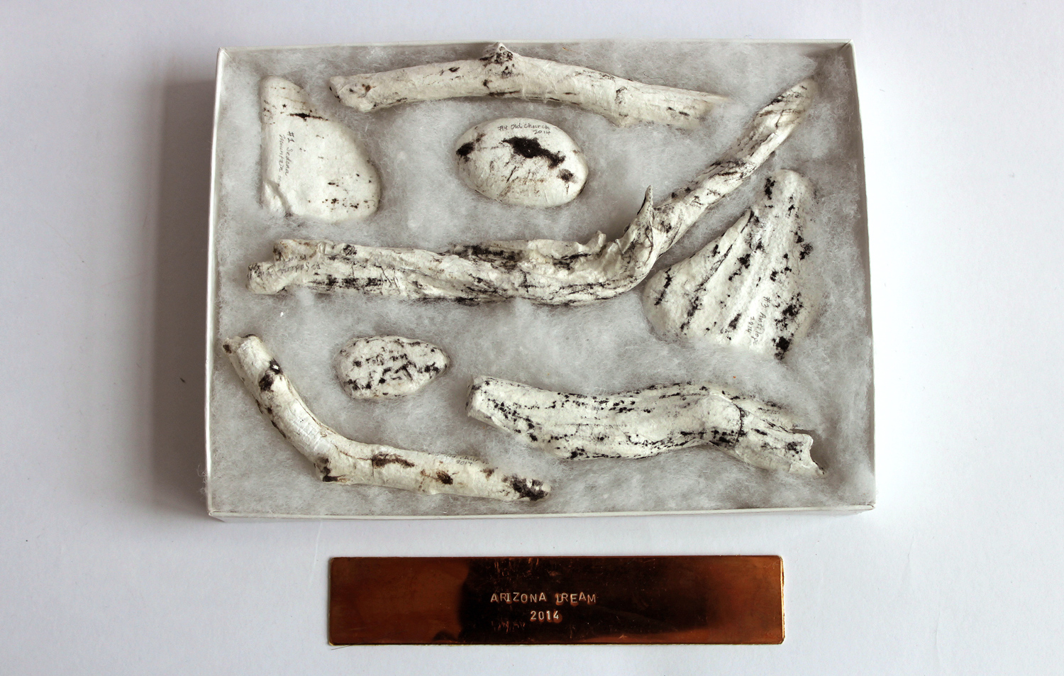 Arizona Dream #1 (in box) 2014 Tree branches, stones, charcoal, washi paper, copper, tanned leather 7.5” x 5.5” x 1”