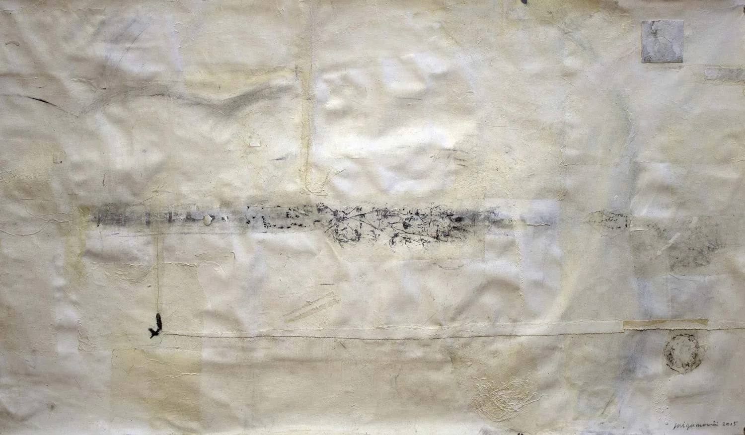 Tree Rubbing and Umbrella Charcoal, shell power, acrylic, seed, strings, washi on canvas 26” x 46” , 2015