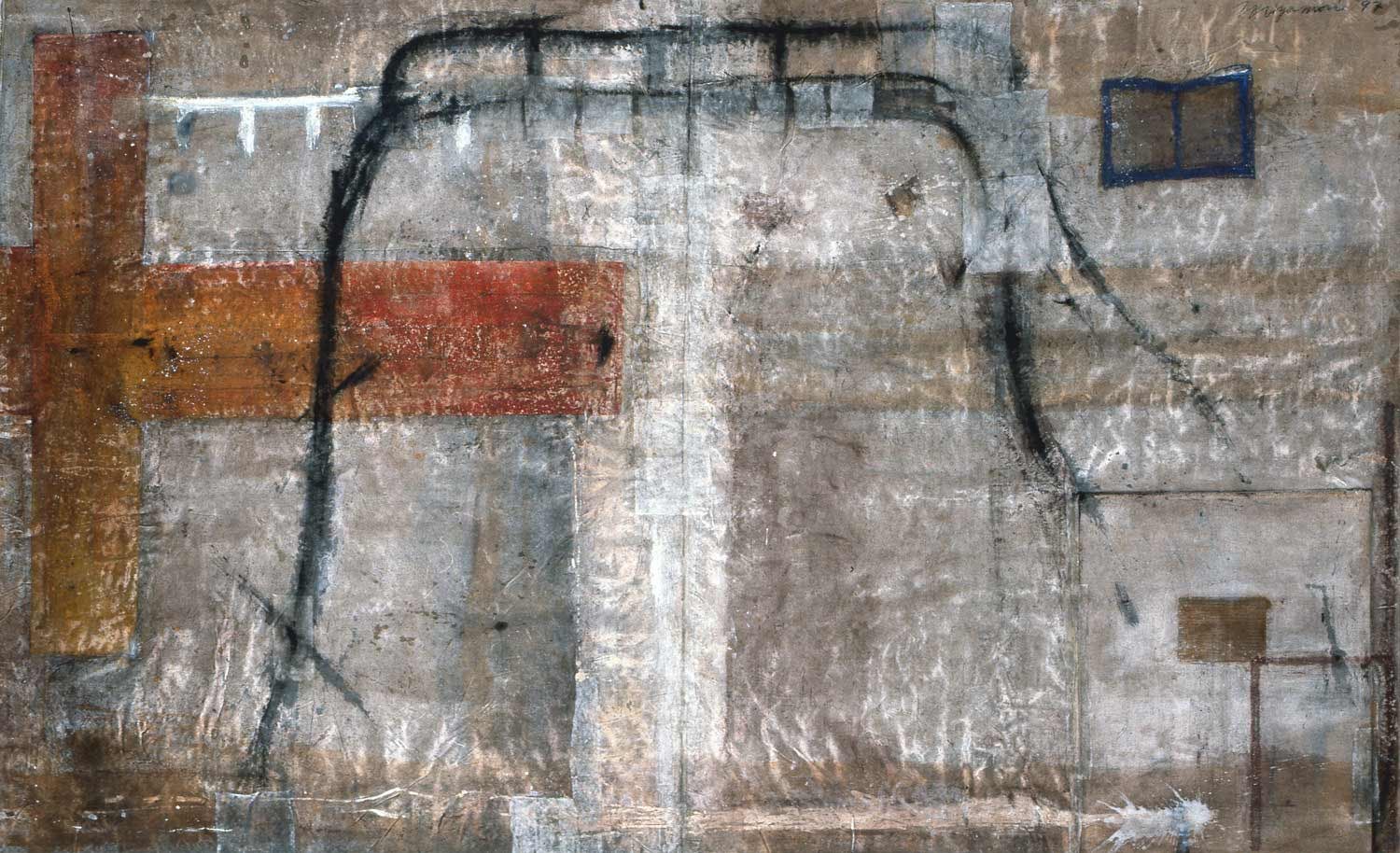 Profile painting - time w/bed and red point 1997 mixed media, washi on Linen 94.6 x 197 inches (240x500cm)