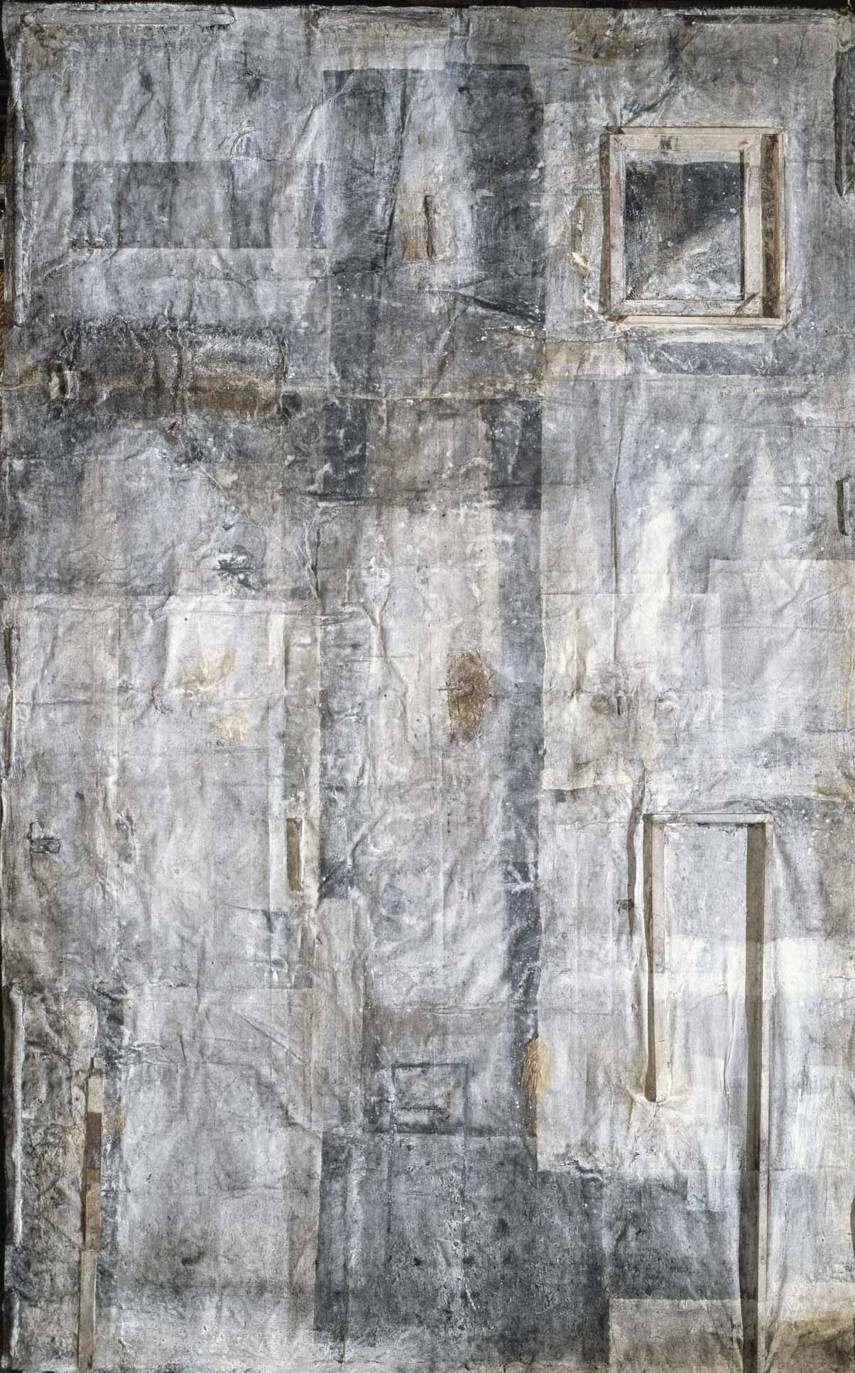 Collage with a Gate or Judging Man 1996 Charcoal, ink, mineral pigment, wood, string, washi on canvas 148 x 11 inches