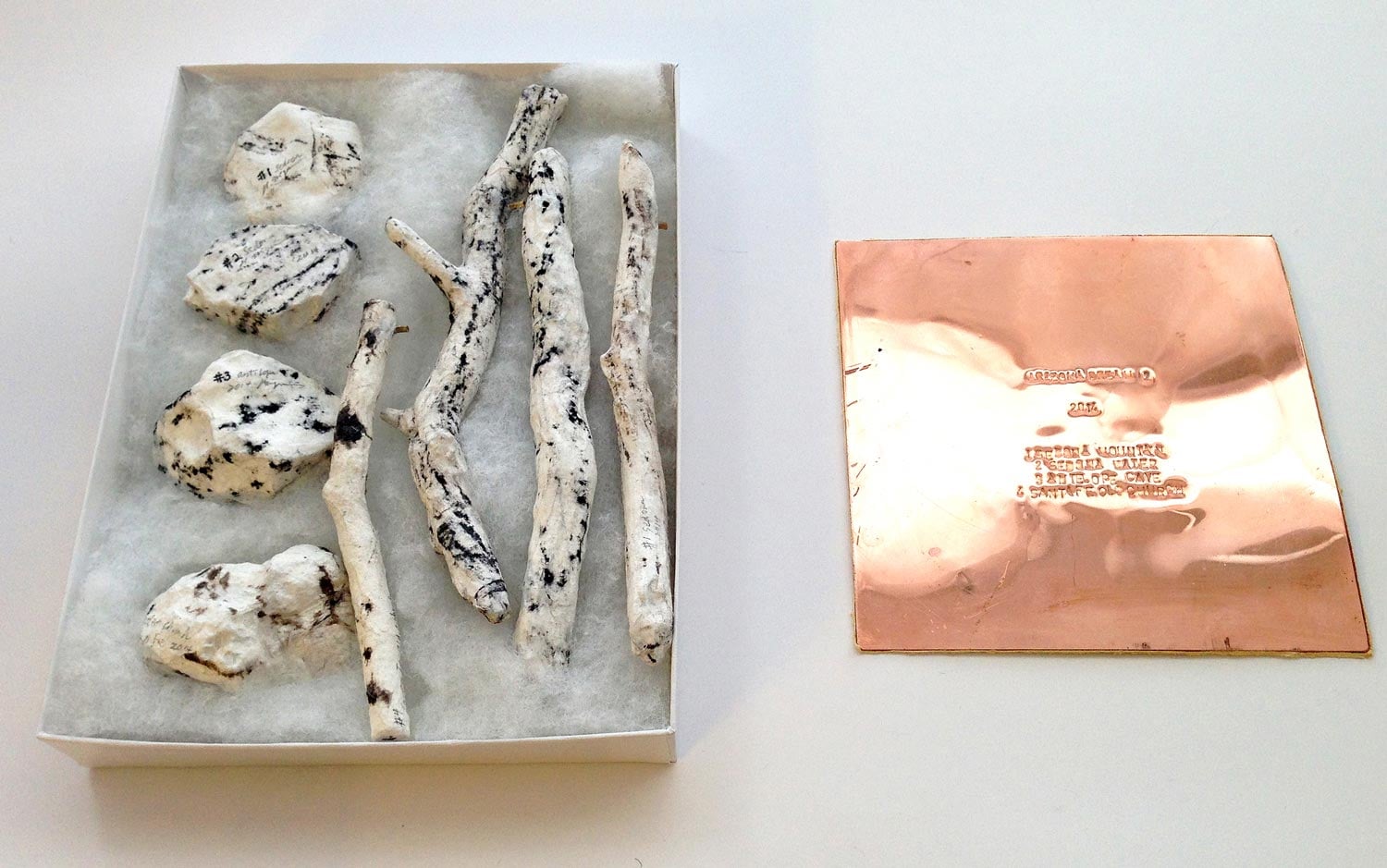 Arizona Dream #2 (in box) 2014 Tree branches, stones, charcoal, washi paper, copper, tanned leather 7.5” x 5.5” x 1” 