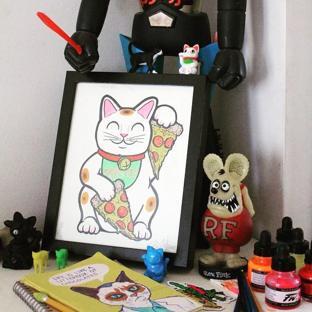 AVAILABLE NOW! *Link In Bio*
Lucky Pizza Cat prints are on sale NOW! Each one is one of kind hand painted screenprint. You can get lucky for just $30!
 For a limited time they are available FRAMED!  (at www.Shop.BobMotown.com)
