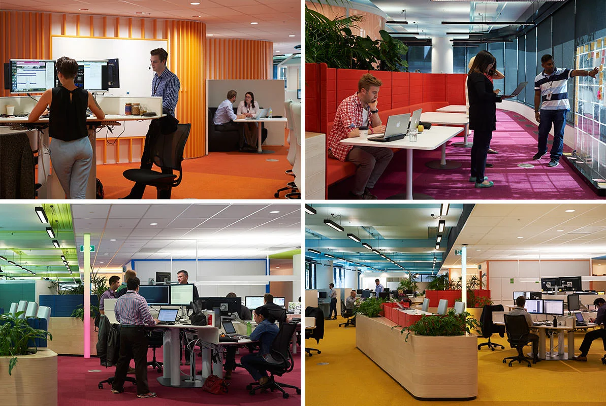A variety of workspaces provide options for various activities. Standing desks encourage workers to stand more during the day. Image Source: HASSELL