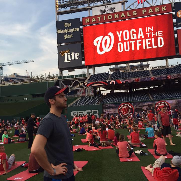 A proud day in my life. The day I was FINALLY able to touch the blades of grass in the outfield at Nats Park. "Yoga" was just an excuse to get onto the field. That's how far I was willing to go just to say I could stand where the pros stand, smell what the pros smell, and secretly dig up some of the grass to take home to my Nationals shrine.
