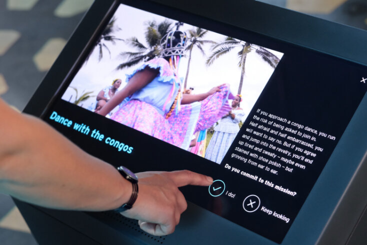  Touch-interactive kiosks allow visitors to read more about various stories and choose a mission to embark on 