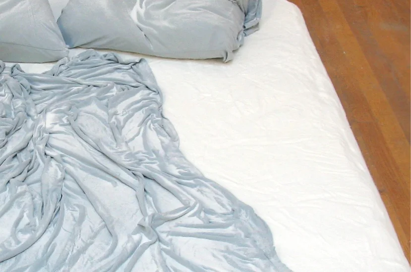 Bed (detail) sugar, sheets, pillows, 80” x 60” x 8”