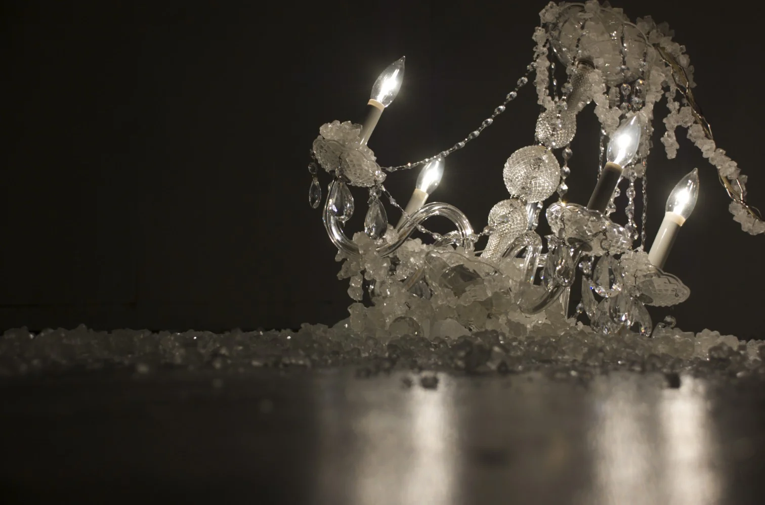 Crash chandelier, sugar crystals, 6’ x 6’ x 2.5’