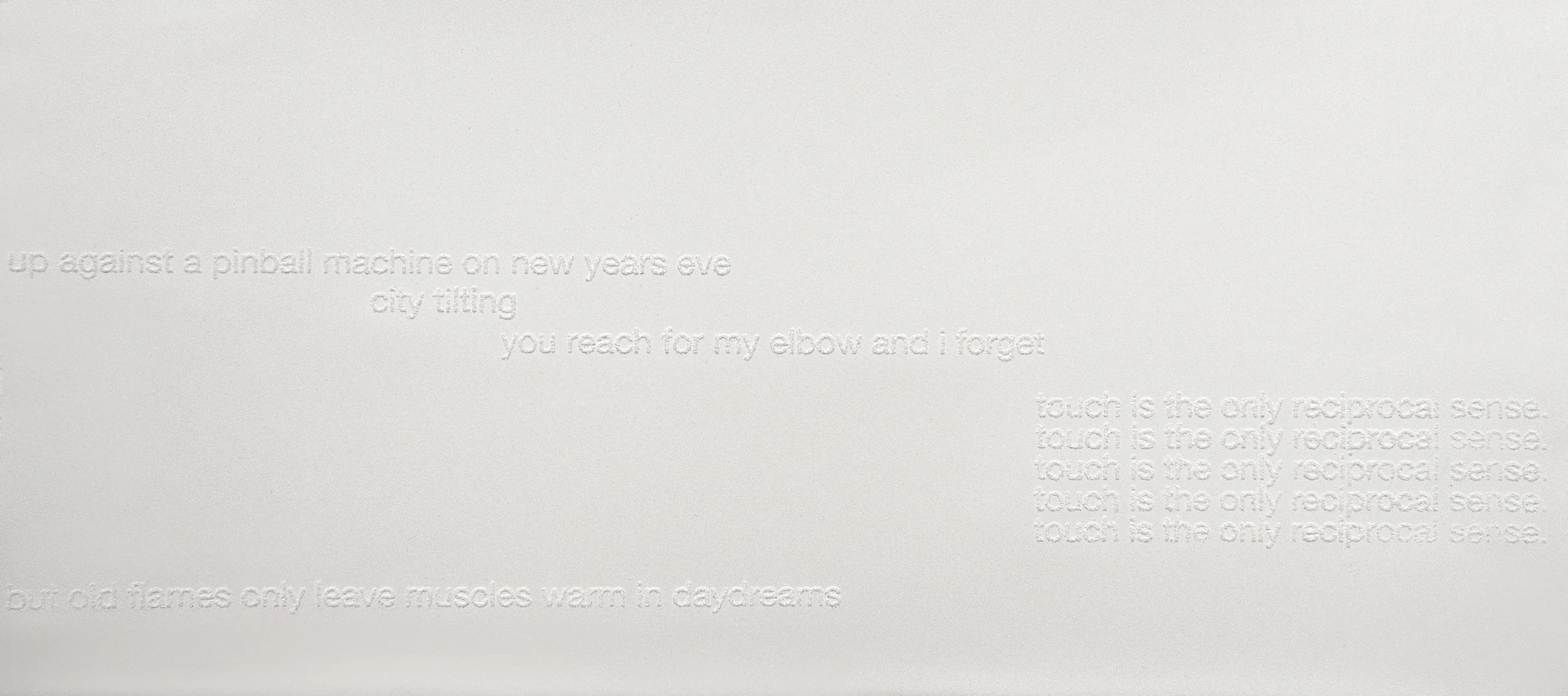 Touch is the only reciprocal sense screen print on paper flocked with sugar, 22.5" x 11"