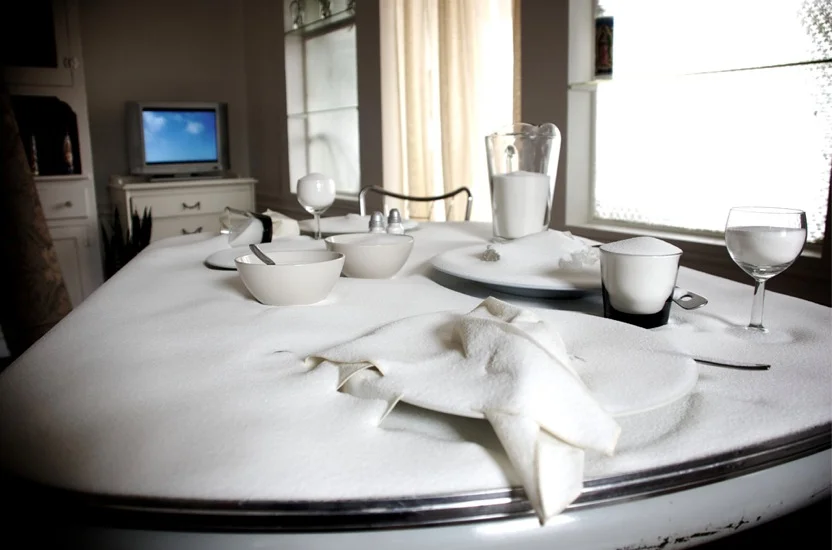 Table (detail) sugar, table, dishes, silverware, napkins, glasses, 60" x 36" x 33"