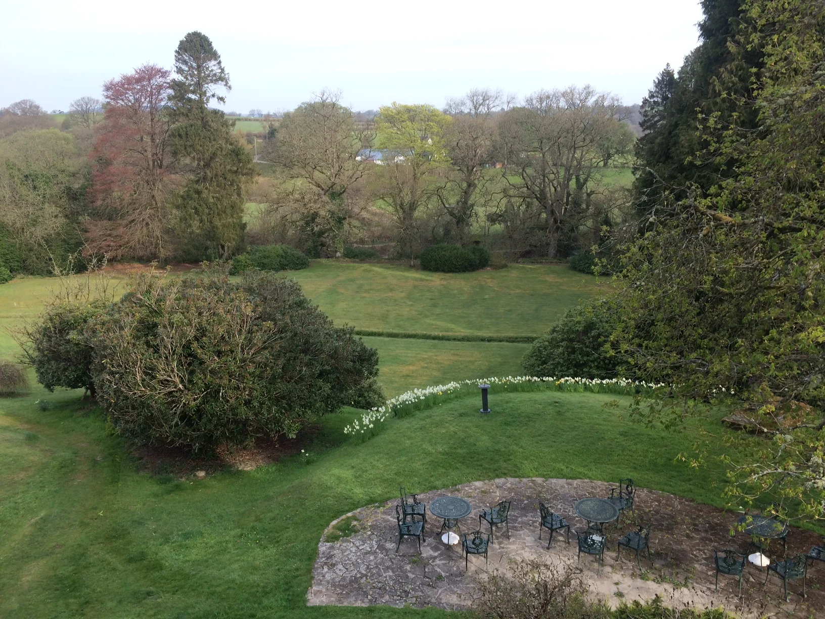 The view from our room in the idyllic Lake Country House Hotel in Llangamarch, Wales. We leave this morning for Snowdonia.