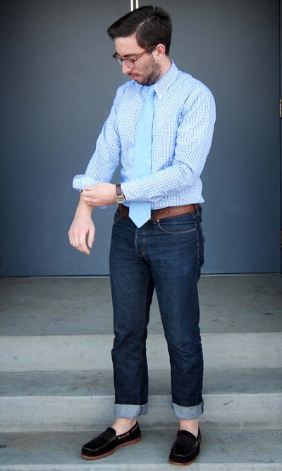 blue dress shirt and jeans