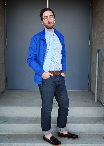 blue dress shirt and jeans