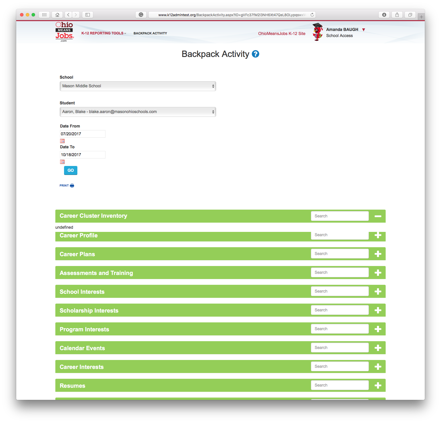 Student Backpack Activity Page