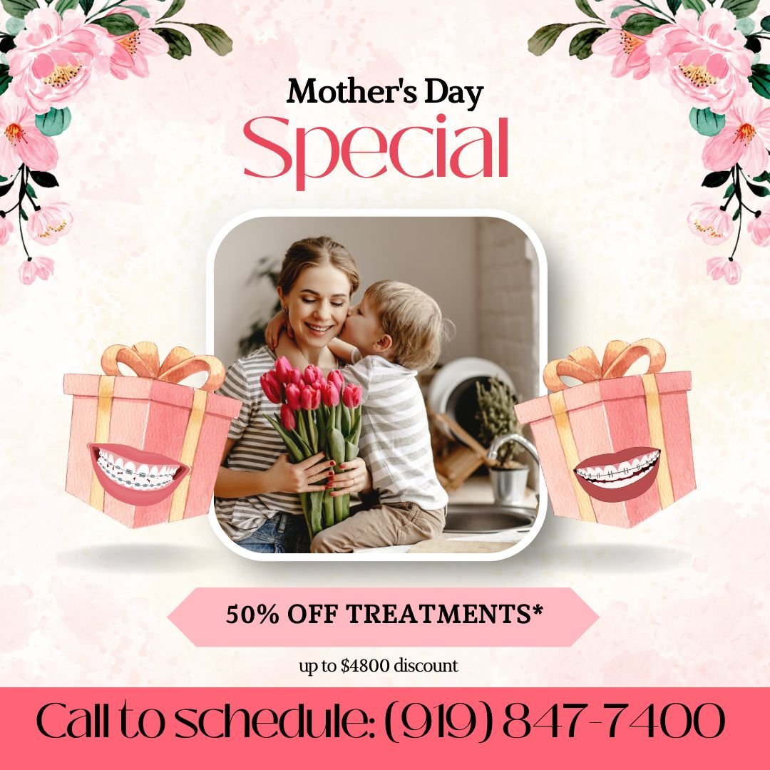 Give your mother a reason to smile this Mother's Day with our unbeatable deals on braces and invisible aligners. Save up to $4800 when you begin treatment for your mom at one of our three locations in Raleigh, Wakefield, and Angier. Call to schedule 