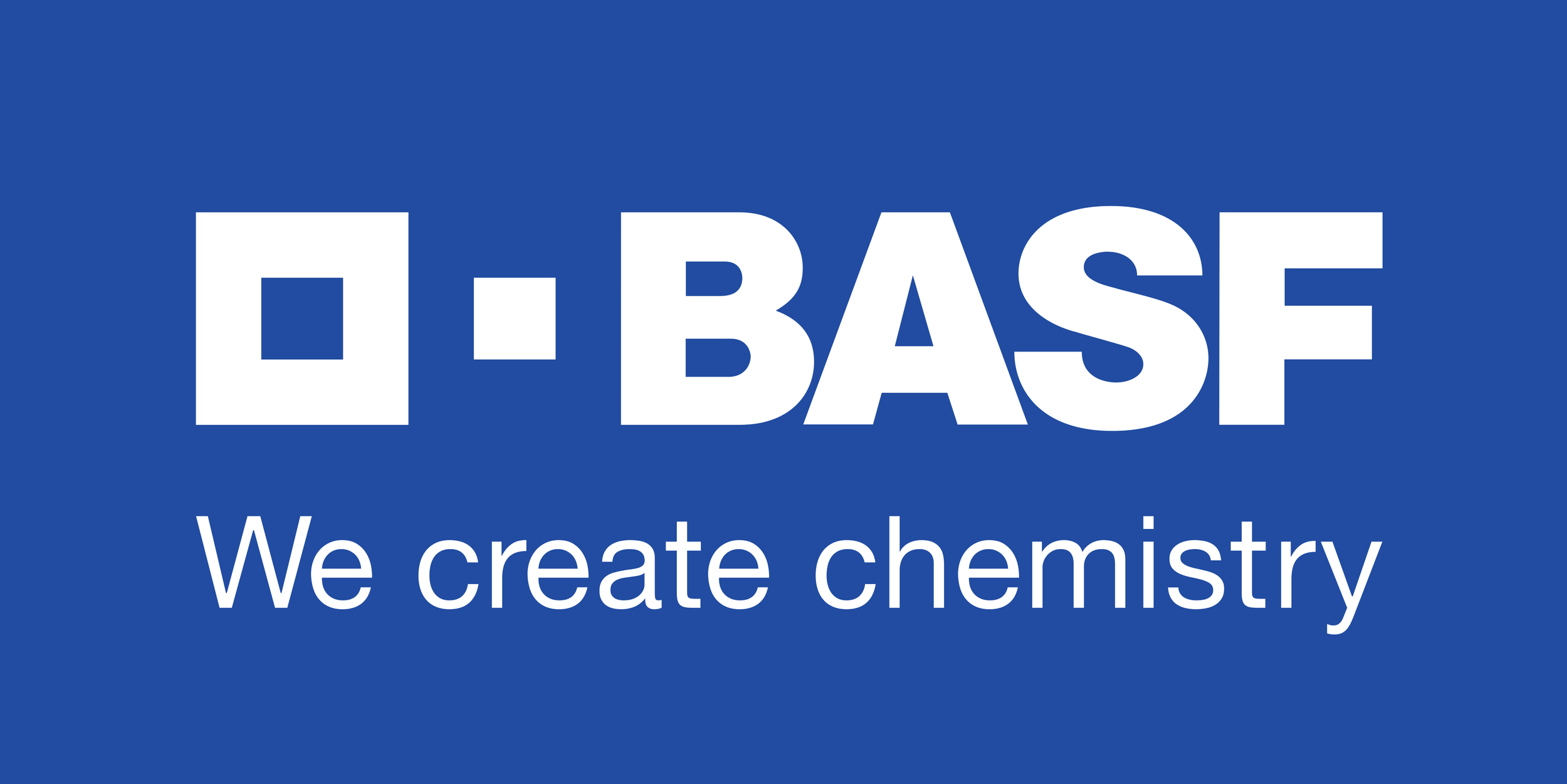 The BASF logo with the tagline "We create chemistry" on a blue background.