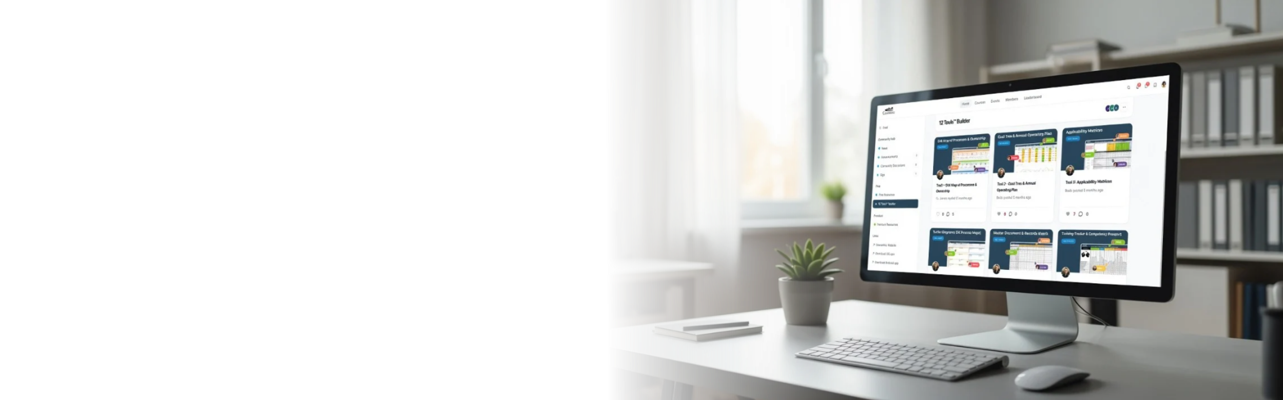 Desktop computer on a white desk displaying a dashboard or project management software, with a potted plant, notebook, and pen nearby, in a bright room with window and bookshelf.