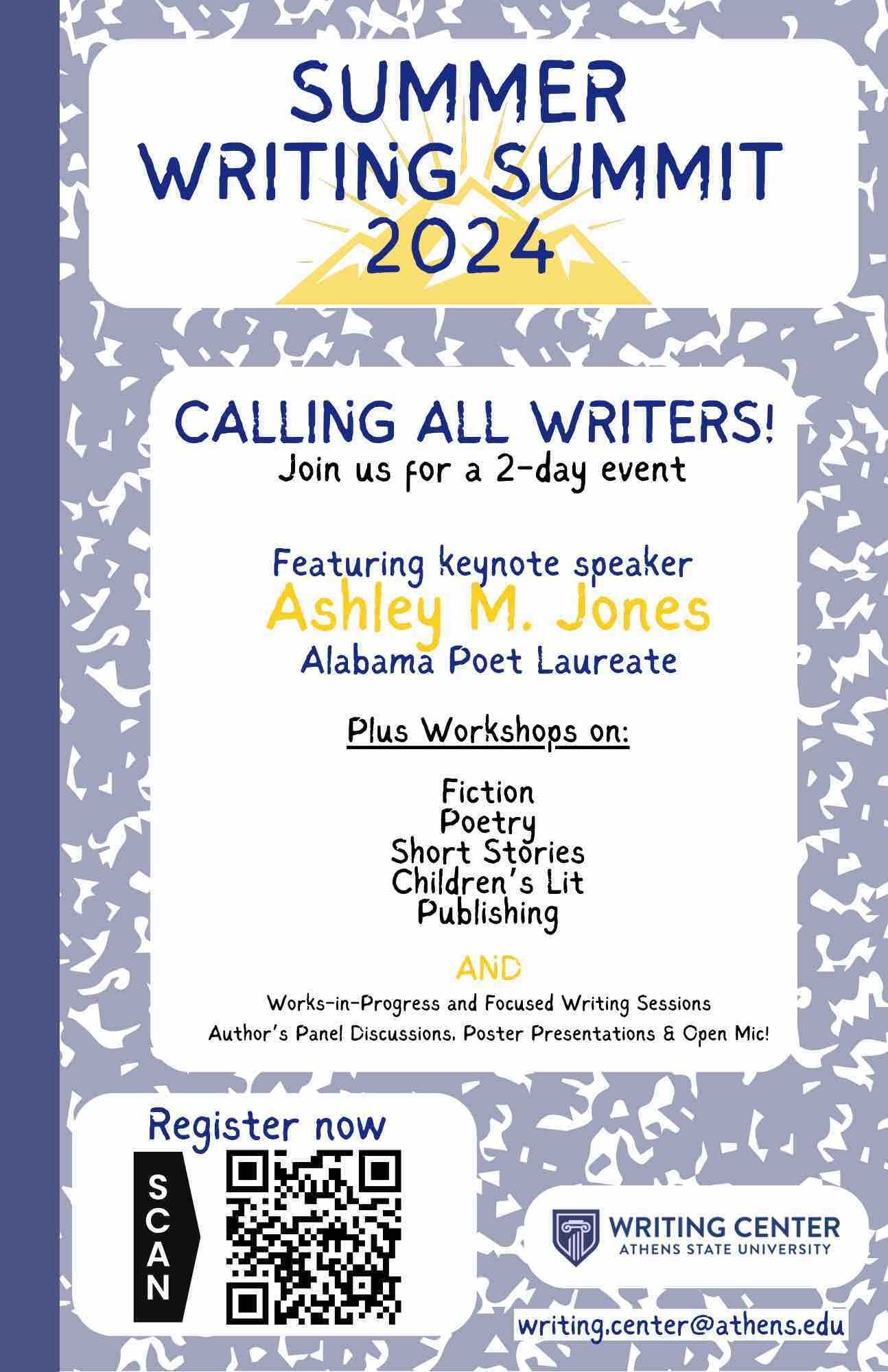 Have you read at one of our events but want some more experience working with other writers??
Well the perfect opportunity is coming up soon at Athens State!!
Register online today!!