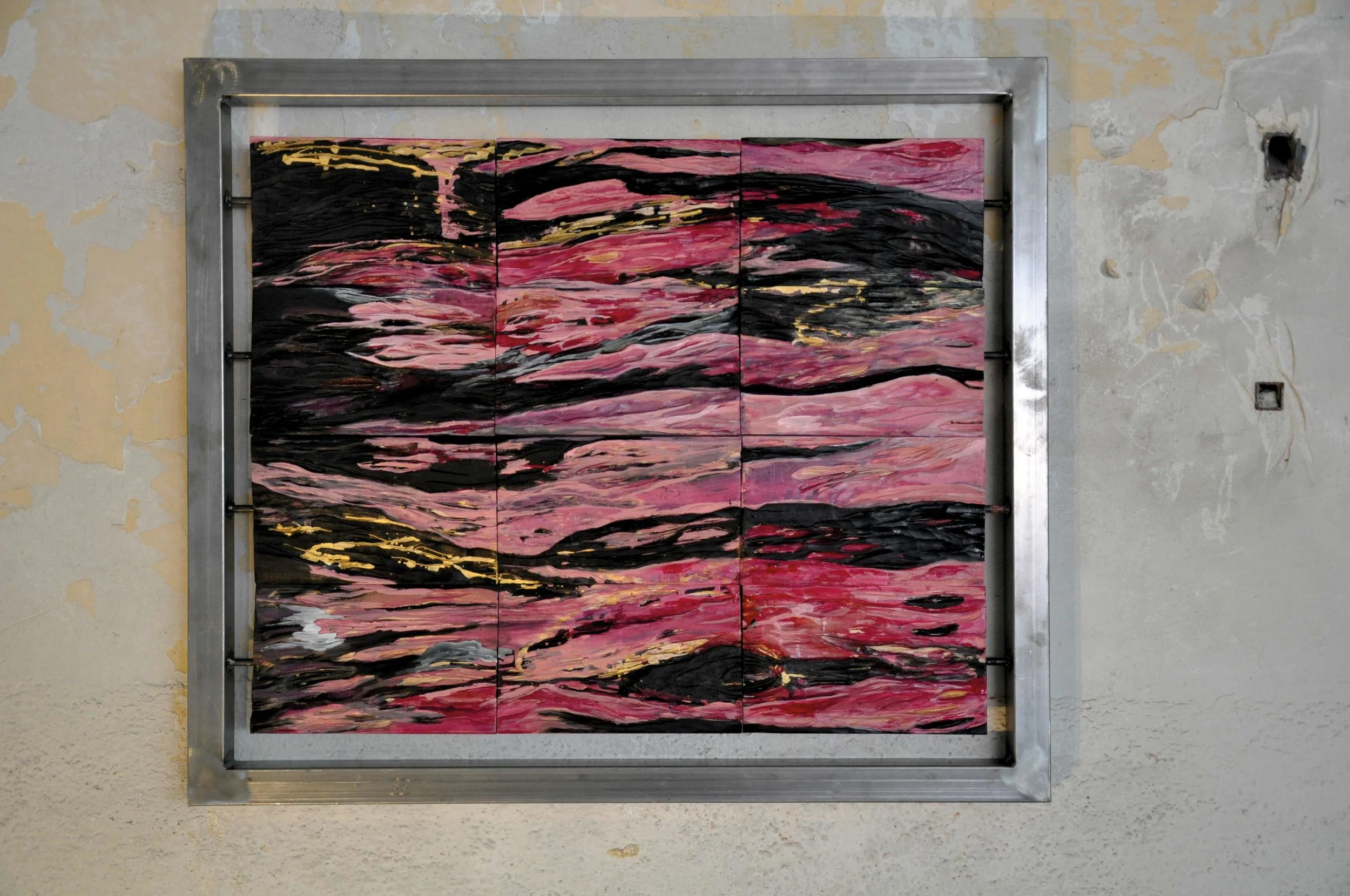 Gone badl | 2017 Installation of 12 pine wood panels and iron frame – each panel 6.2"H x 10.2"W - framed 31.2"H x 36.2"W