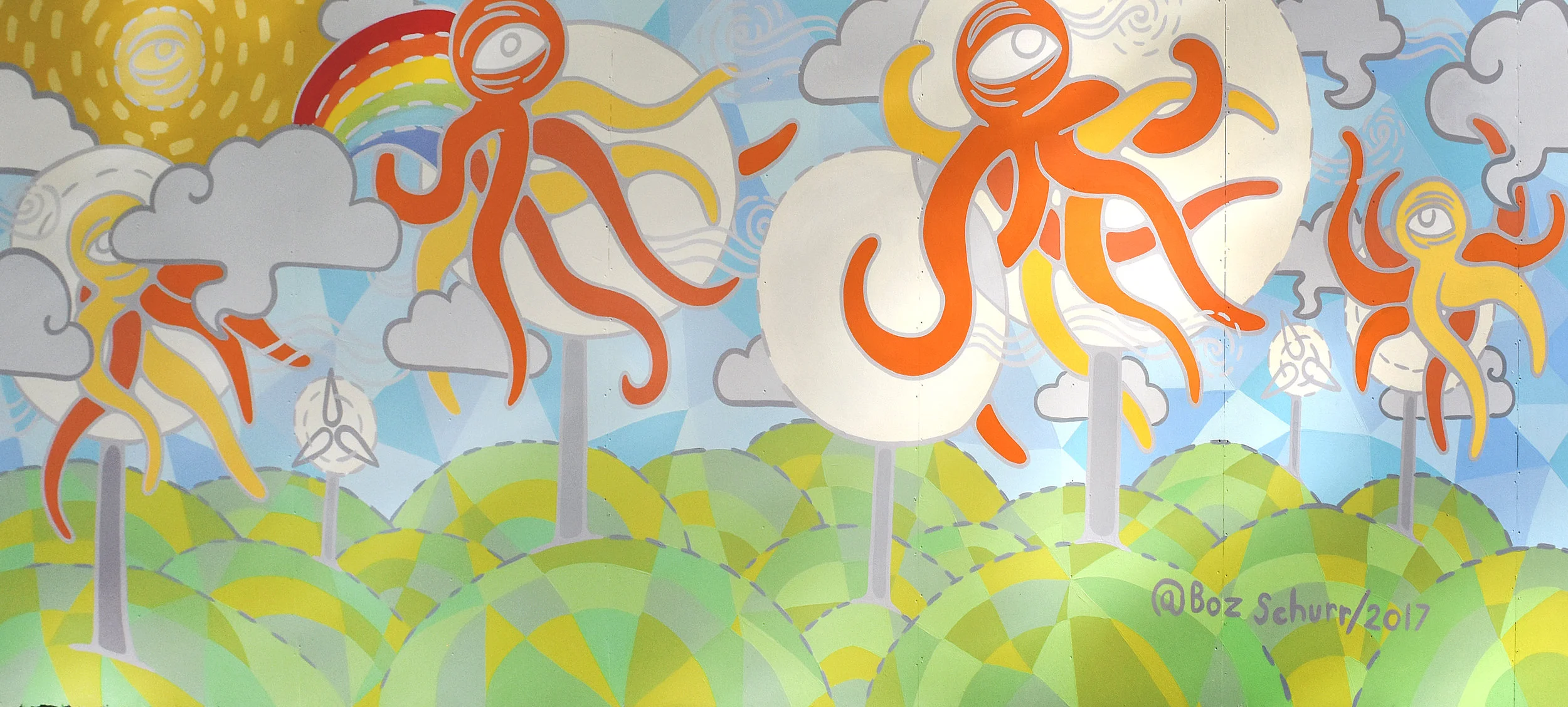 The final Mural: "Sustainable Squids" 8" x 20" Uh Manoa, House Paint on Board, 2017