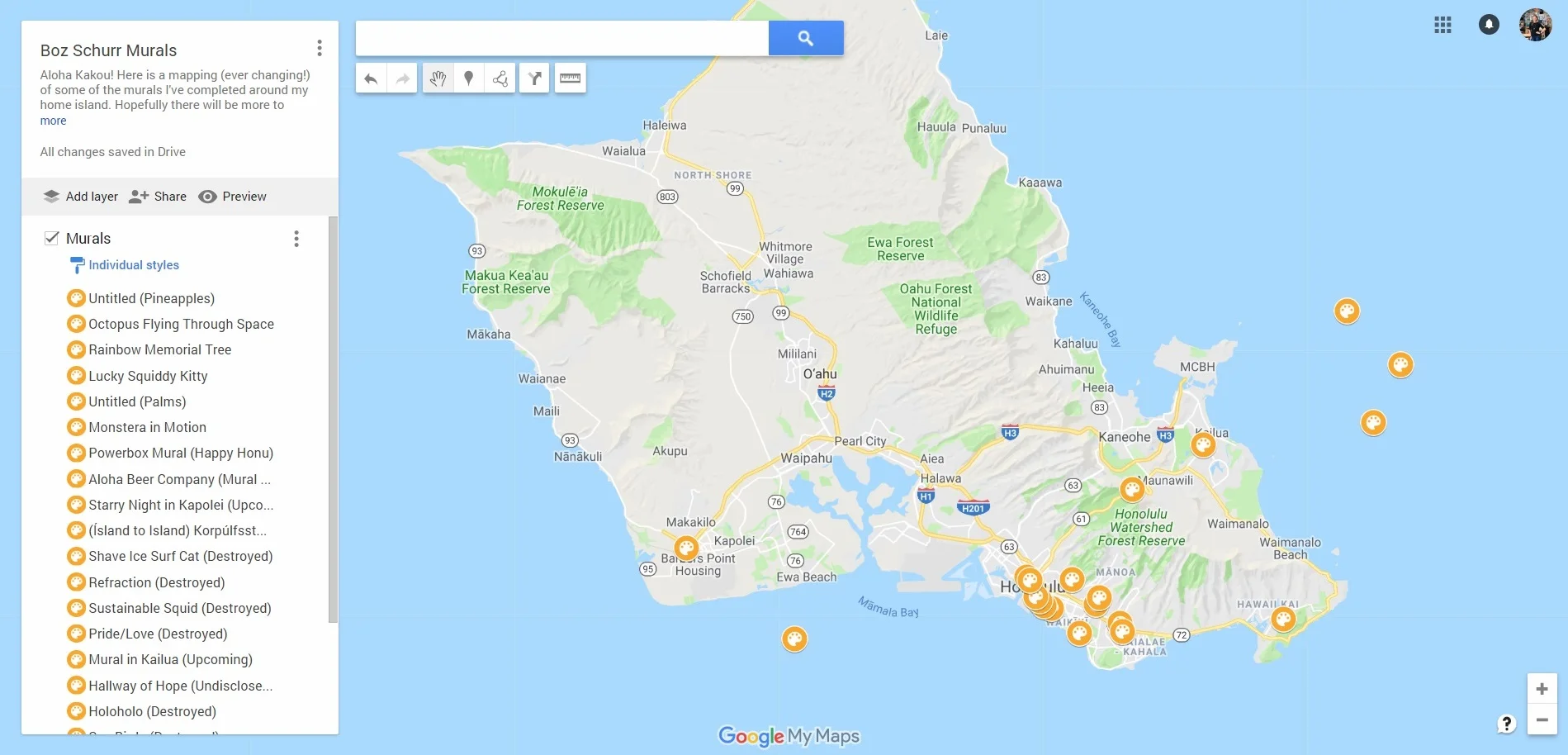 New mural map! Check it out HERE (Please be sure you check the labels some of these murals are unlisted, on the mainland, or destroyed)