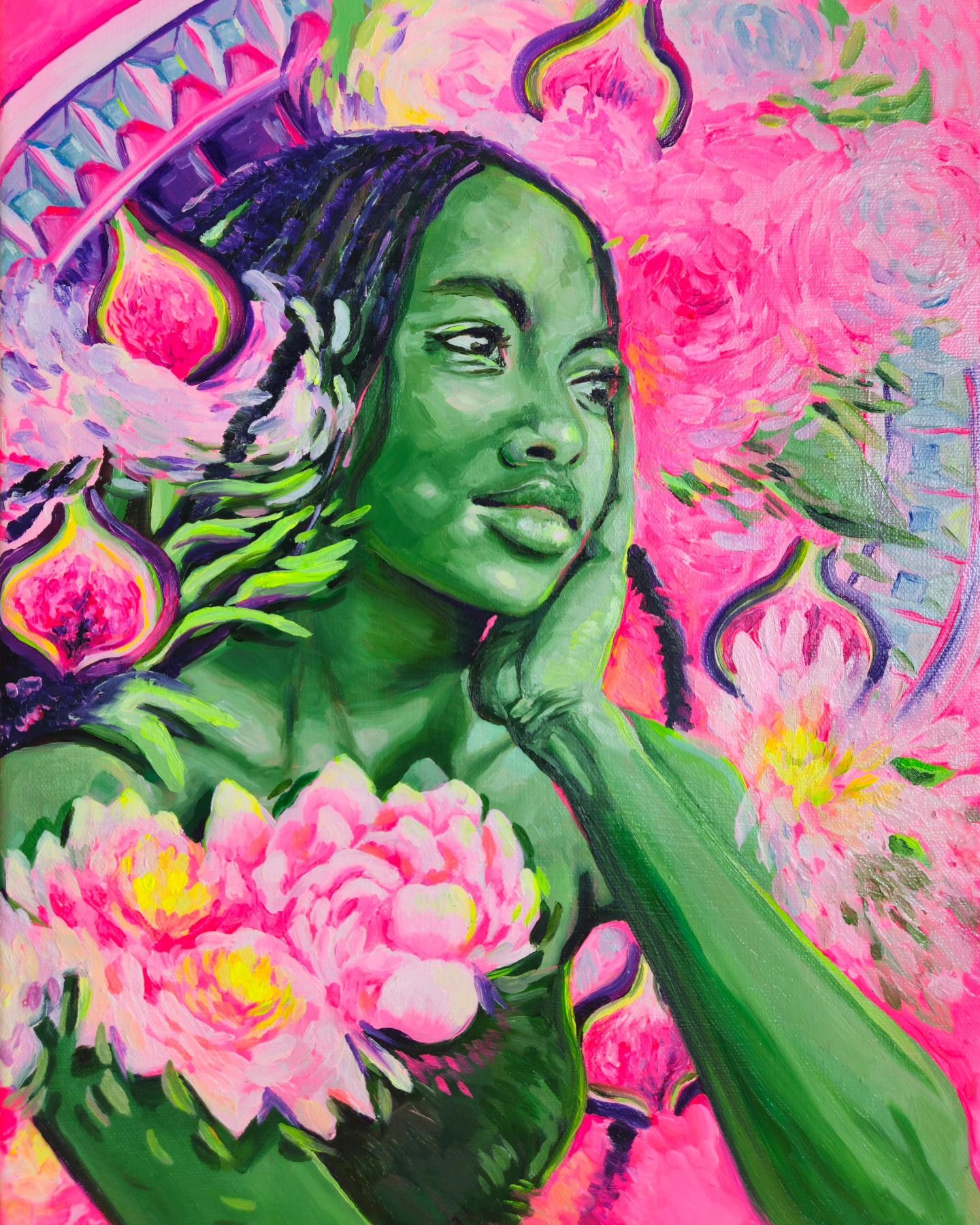 &quot;Mad Girls Love Song&quot; 11in x 14in, Oil on Canvas, 2024. 🍑🥭🍋 Last chance to see this pink portrait and other amazing works at the &quot;EmpowerHER&quot; exhibits closing reception @thegangway_gallery this Sunday, May 26th, from noon to 8p