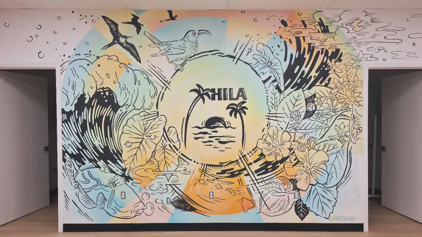 New mural pau! 🎨💡☀️ Big Mahalo to @hawaiilightingassociates for letting brighten up your space, the same thing you do with your lighting services! I used the colors from their logo plus native floral and fauna to represent the importance of serving