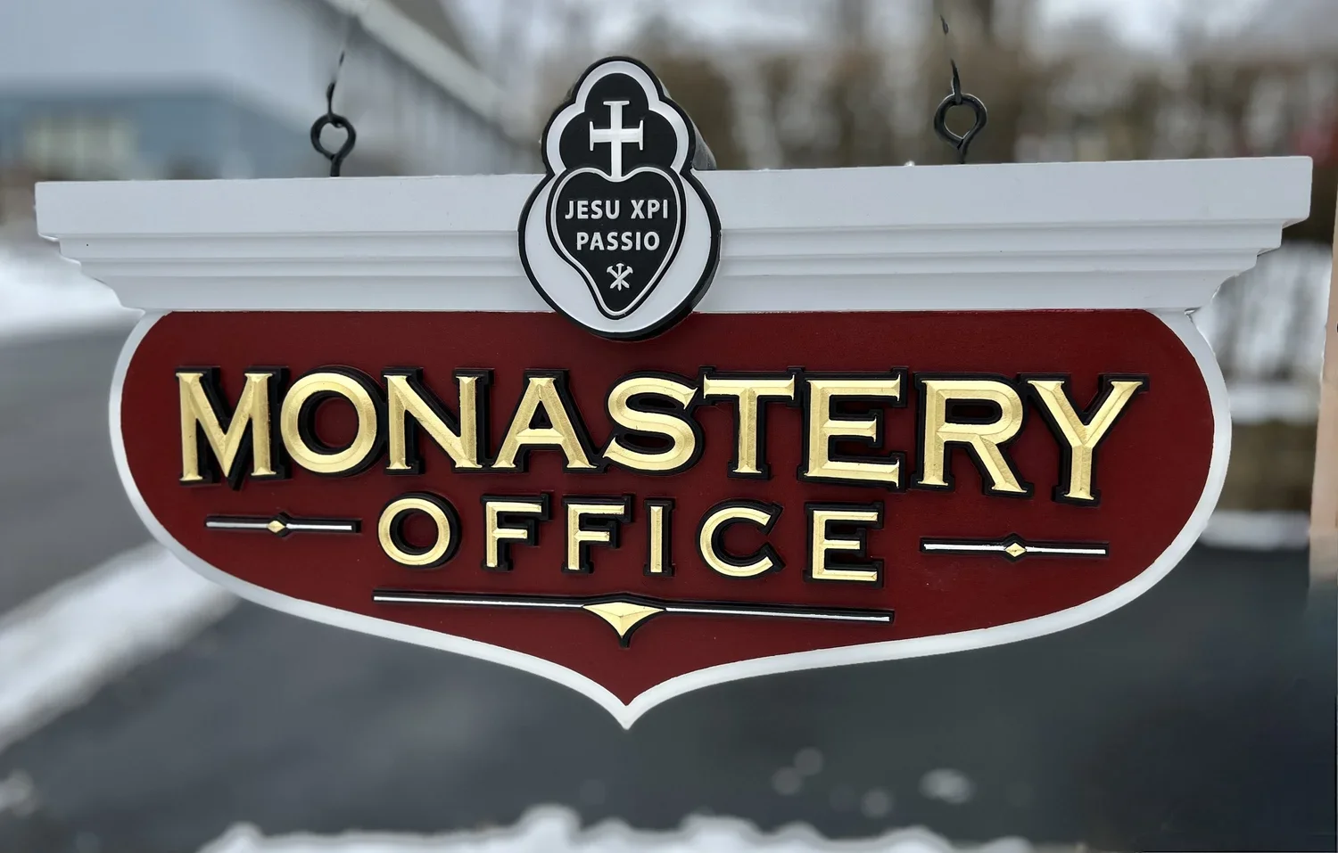 Carved Monastery Office Hanging Sign