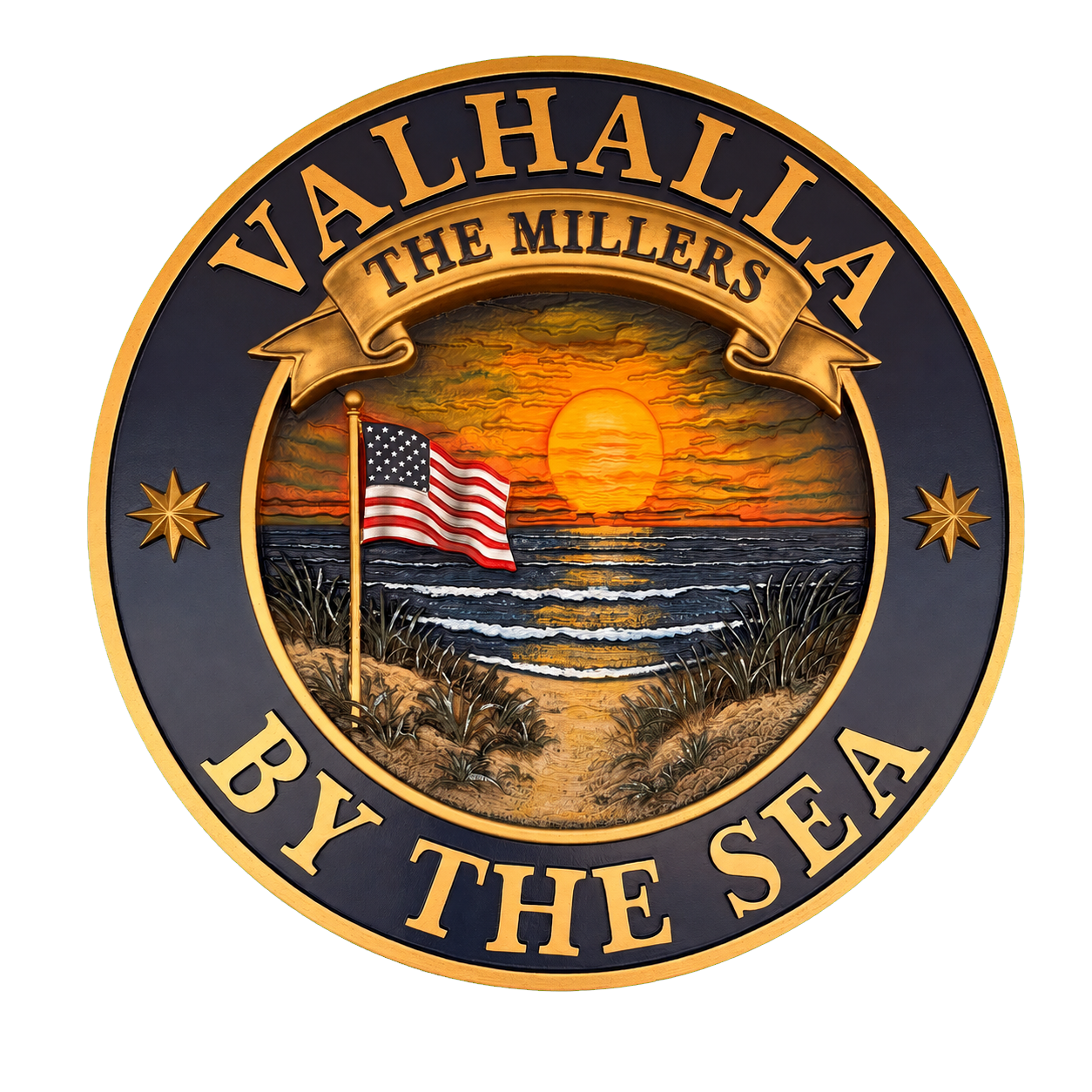 Hand-carved and hand-painted Valhalla by the Sea HDU sign with 23K gold leaf details