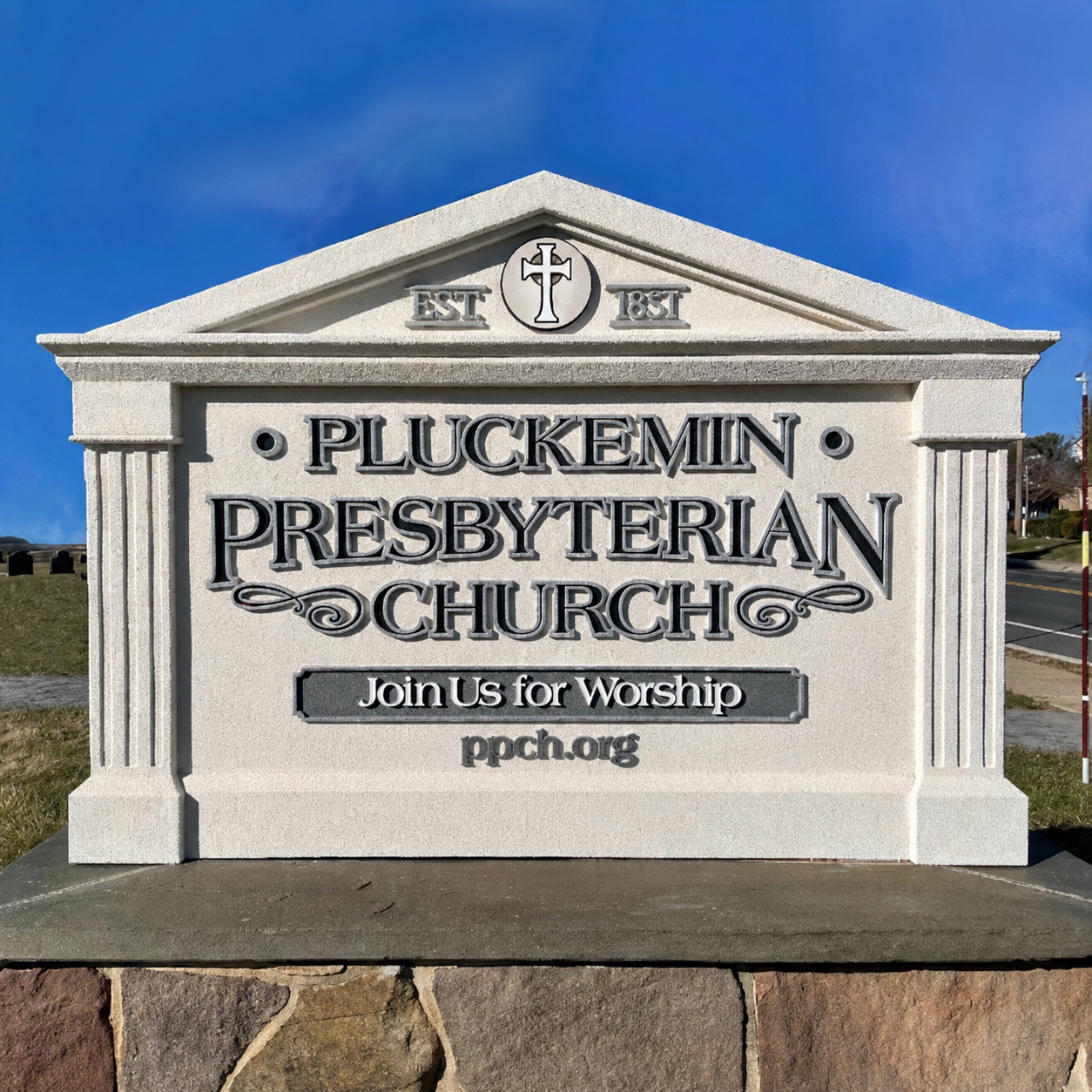 Custom dimensional monument sign for Pluckemin Presbyterian Church in Pluckemin, New JerseyCustom dimensional monument sign for Pluckemin Presbyterian Church