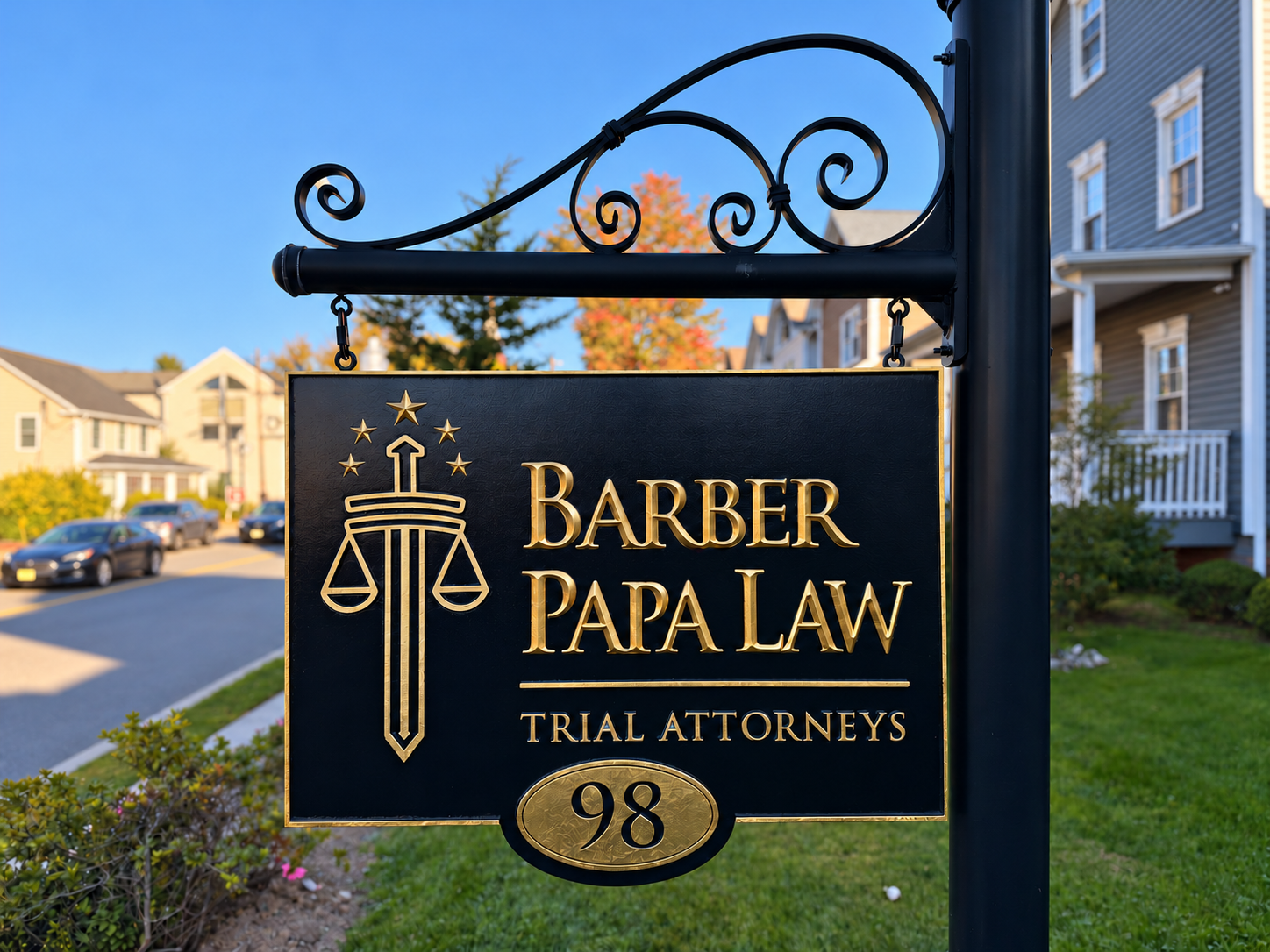 Black double-sided HDU hanging sign with 23K gold leaf lettering, sword-and-scales emblem, and address 98 for Barber Papa Law in Morristown, New Jersey.