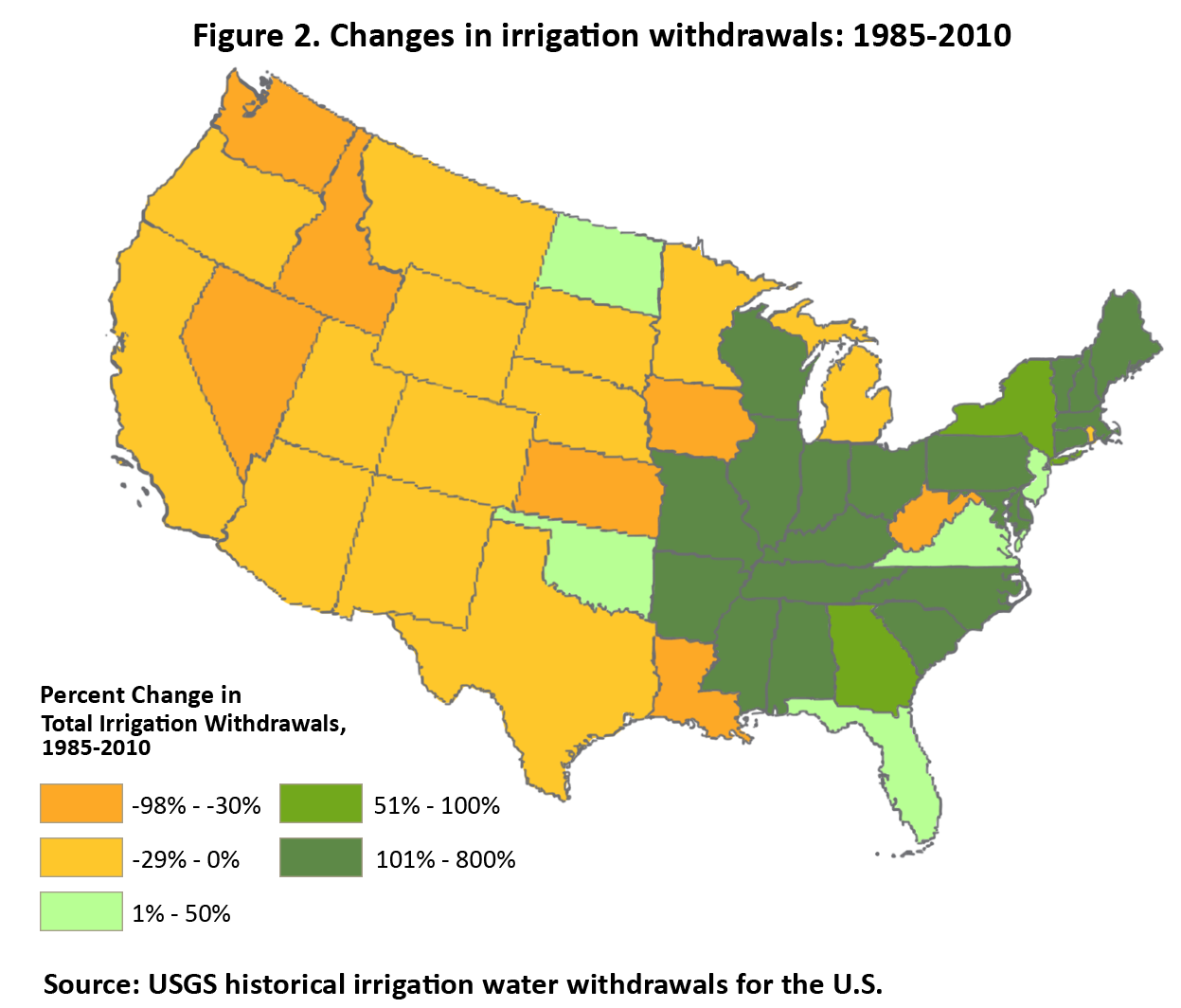 Figure 3. Percent change in total irrigation withdrawals, 1985-2010. (Click to enlarge)
