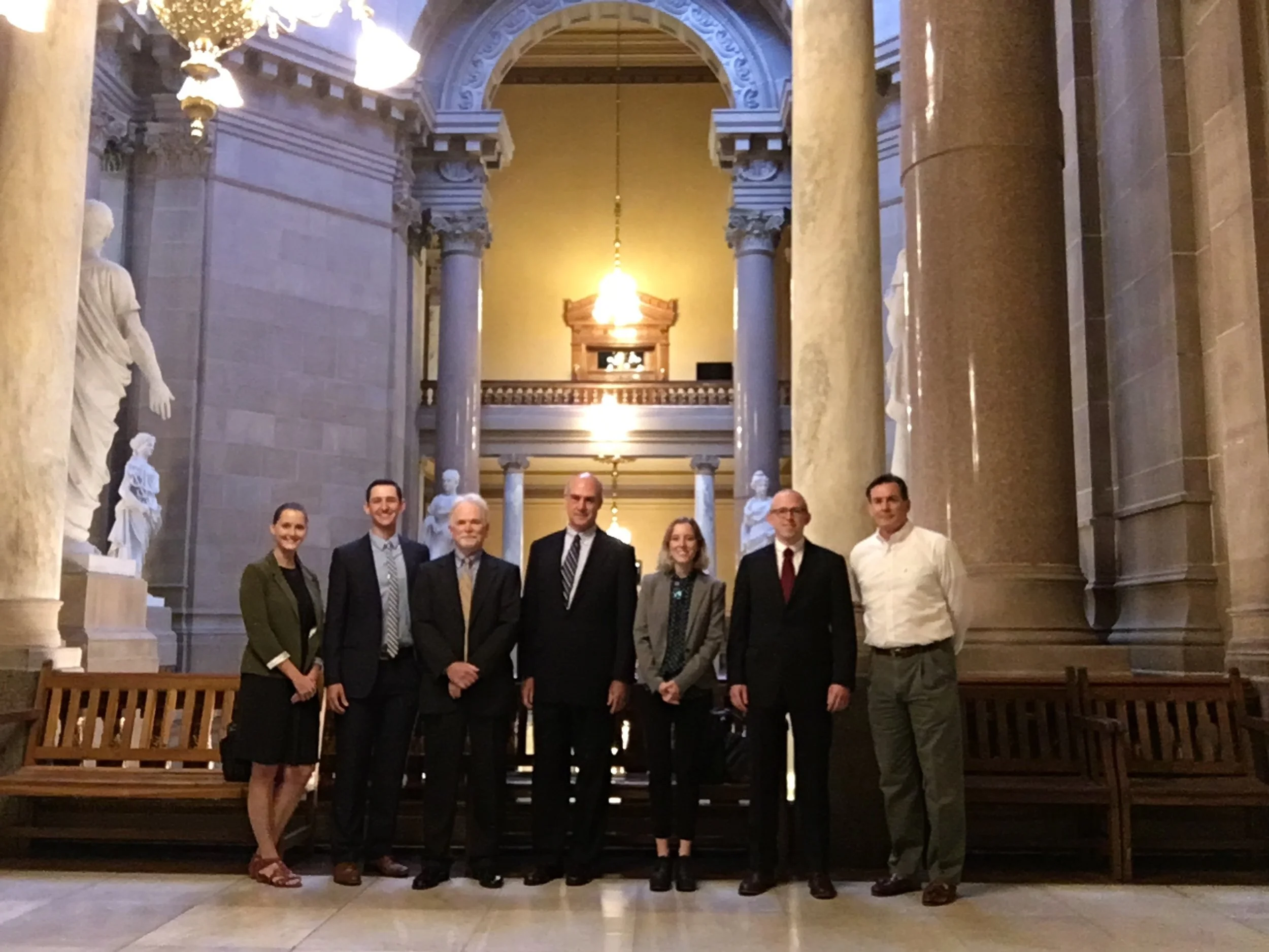 CLC staff at the Indiana Statehouse before the oral argument in September. Left to right: Lily Bonwich, Bo Mahr, Jeff Hyman, Bill Weeks, Shelby Hoshaw, CJ Buehner, and Dan Klobusnik