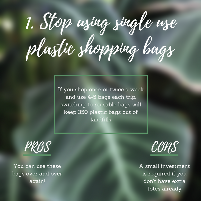 Stop using single-use plastic shopping bags. This is one of the easiest steps you can take on a weekly basis. I don’t know about you, but I grocery shop 1 or 2 times a week. At 4-5 grocery bags worth, switching to reusable bags has saved our planet 350 plastic bags a year from my family alone! Pro: You can use the same bags over and over again and every time you do you’re making a difference. Con: This practice requires a little investment in purchasing reusable bags if you don’t have any extra totes at home. Pro tip: Leave bags in the trunk of your car, the bottom of your purse, a drawer at work, or wherever you frequent most so you have them when you need them. Any tote or bag you have works; they don’t have to be store bought or fancy.