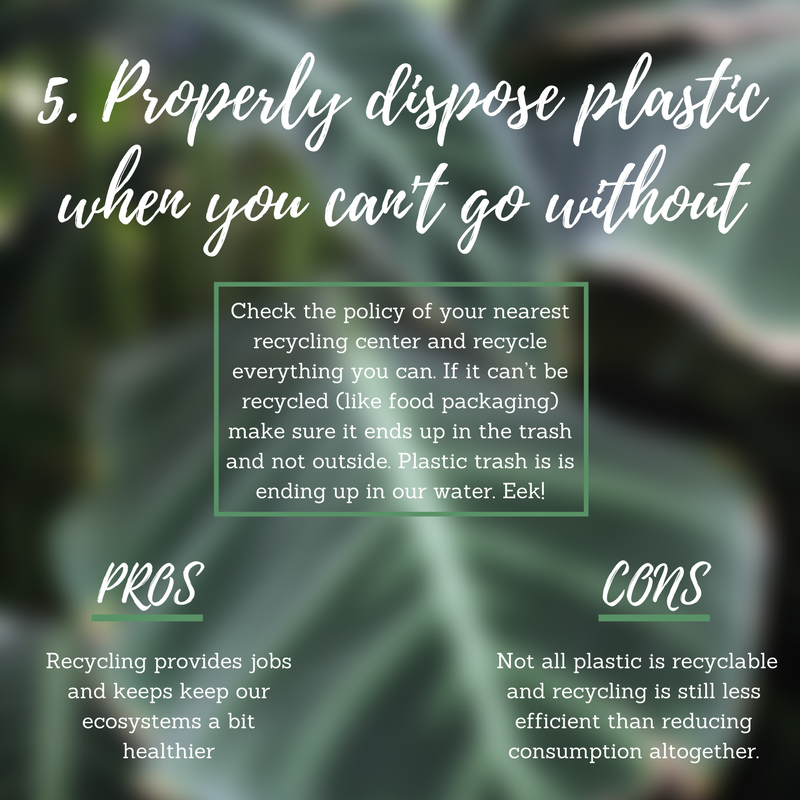 Make sure the plastic you do use is properly disposed. While many plastics are not recyclable, a lot of the heftier types are. Check the policy of your nearest recycling center and recycle everything you can. If it can’t be recycled, like a lot of f…